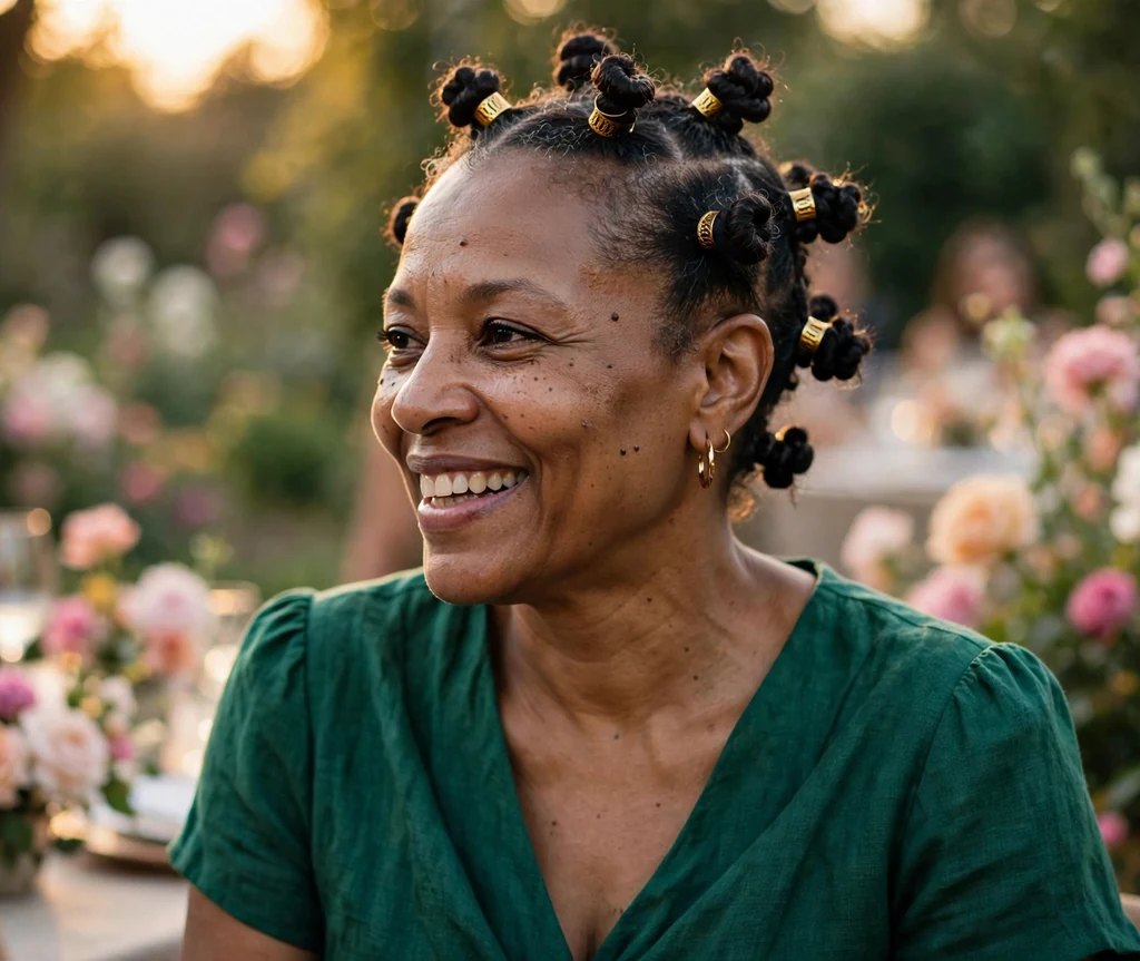 Fulani braids with beads on a 22-year-old Black woman with cornrow Fulani braids decorated with gold beads, wearing a white crop top, beach boardwalk