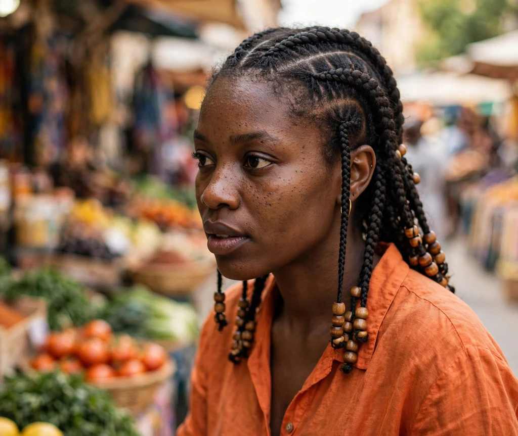 Goddess locs in a high ponytail on a 30-year-old Black woman with long goddess locs pulled into a high ponytail, wearing a yellow sundress, tropical resort