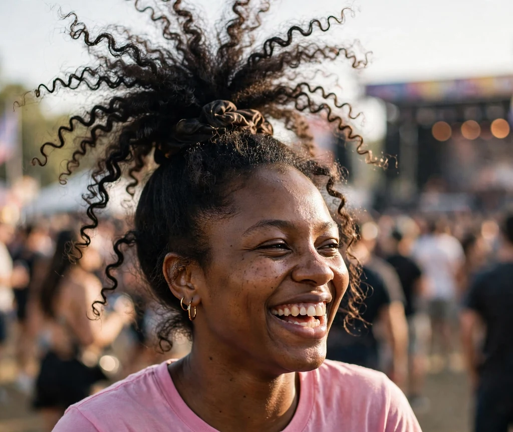 Flat twist updo on a 40-year-old Black woman with flat twists swept into an elegant updo, wearing a navy blouse, garden party