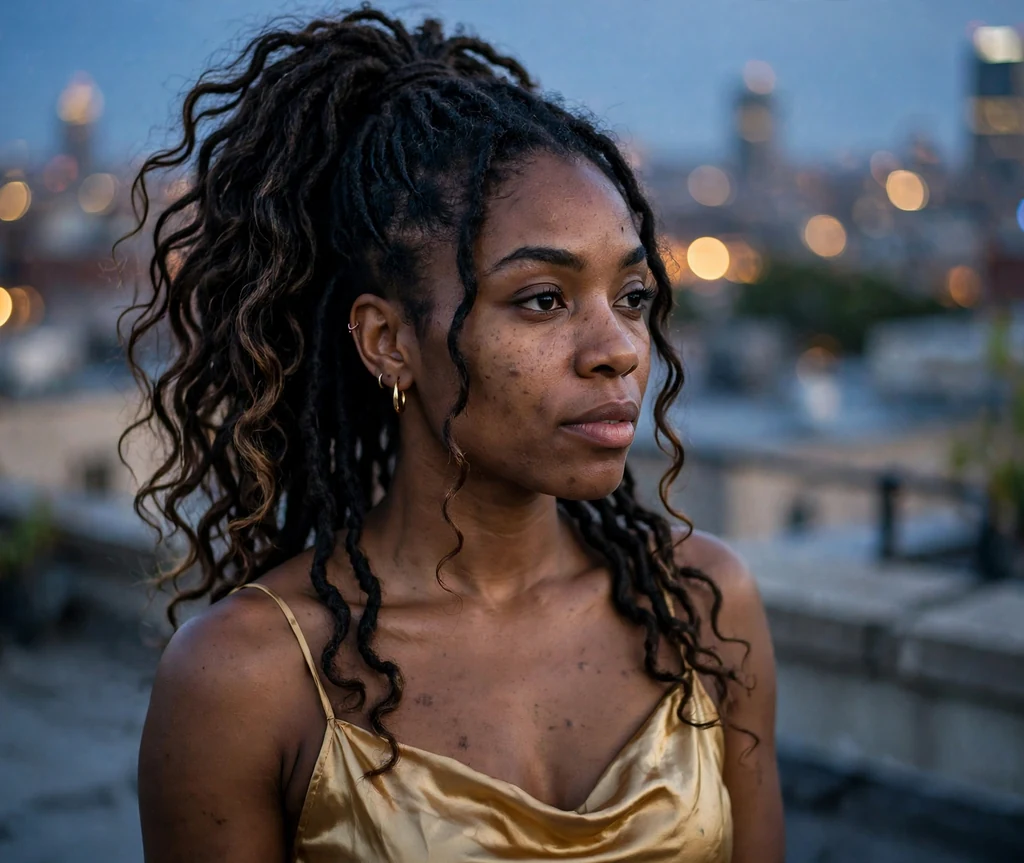 Cornrow bun on a 45-year-old Black woman with cornrows feeding into a low bun, wearing an emerald dress, evening event