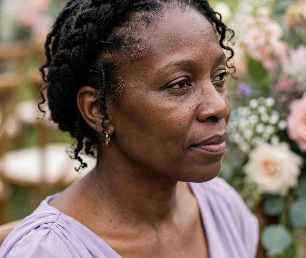 Jumbo twists on a 27-year-old Black woman with thick jumbo twists falling past shoulders, wearing a white tank top, beach