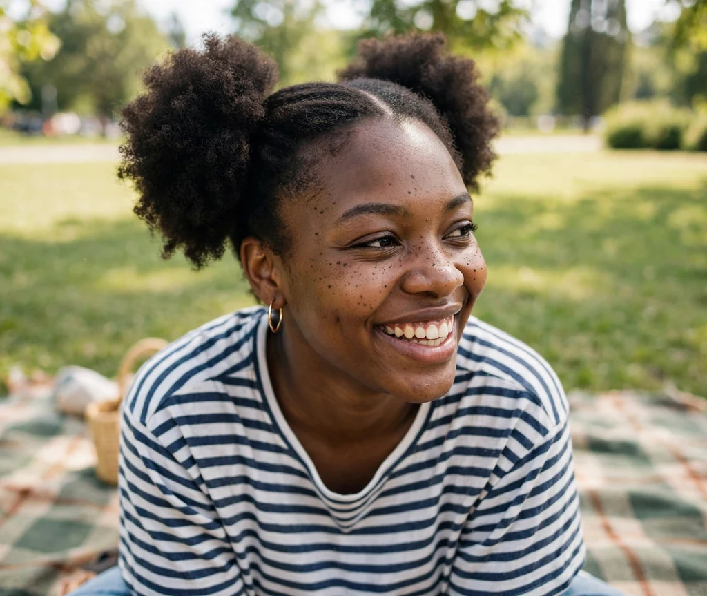 Halo braid on a 38-year-old Black woman with a braided halo crown around her head, wearing a floral dress, vineyard
