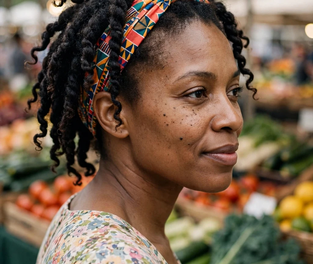 Twist-out with a headband on a 30-year-old Black woman with defined twist-out curls and a colorful headband, wearing a floral dress, farmers market