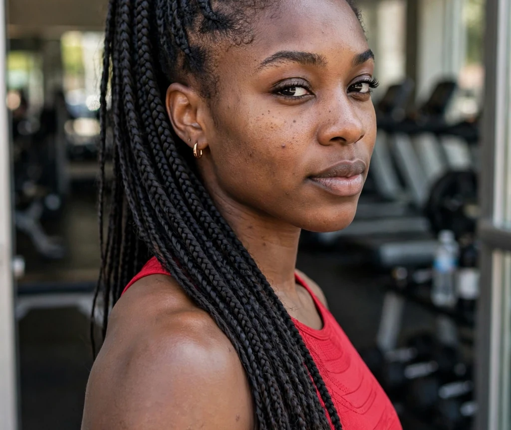 Long knotless braids in a ponytail on a 27-year-old Black woman with waist-length knotless braids pulled into a high ponytail, wearing a red top, gym entrance