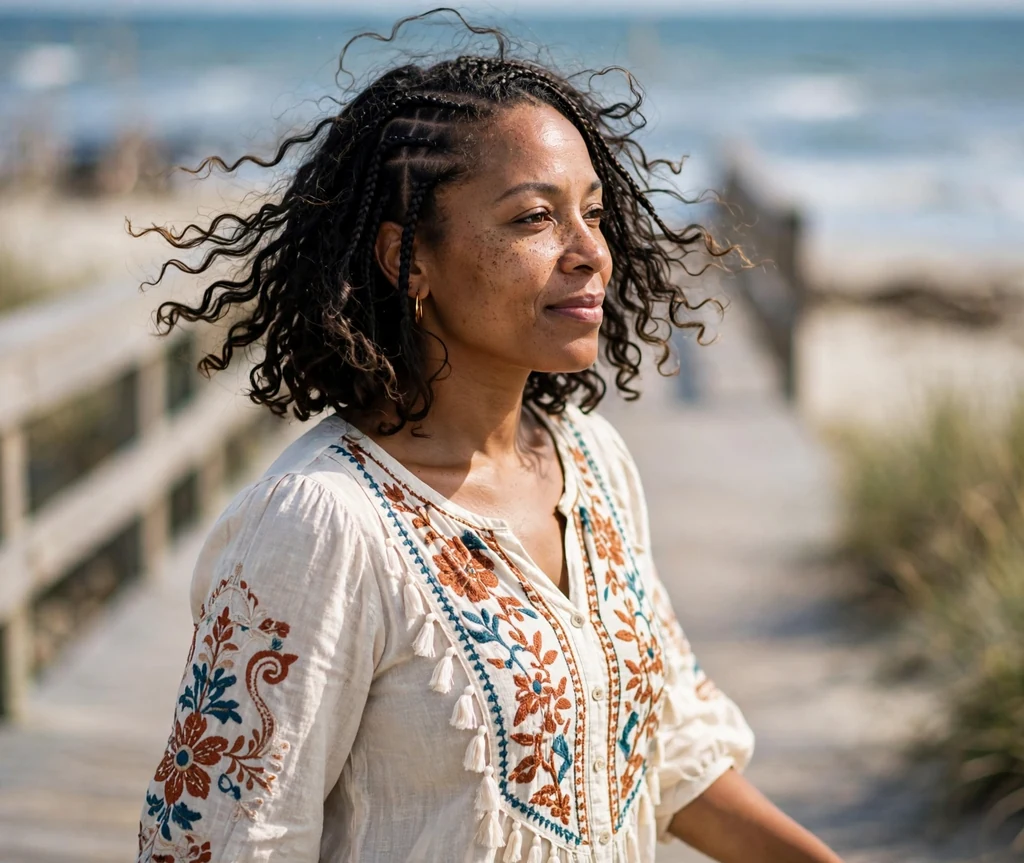 Bohemian braided bob on a 36-year-old Black woman with chin-length boho braids with curly pieces left out, wearing a boho blouse, beach boardwalk