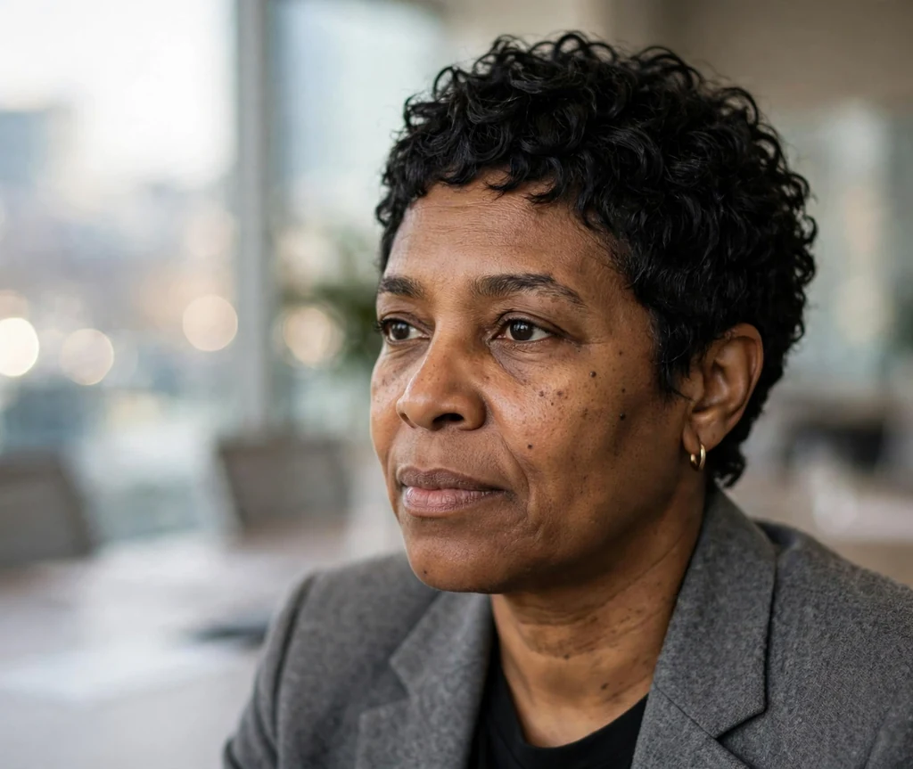 Curly wash-and-go pixie on a 44-year-old Black woman with short defined pixie curls, wearing a gray blazer, conference room