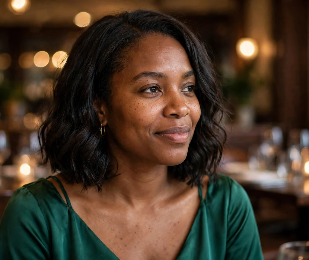 Wavy sew-in bob on a 32-year-old Black woman with shoulder-length wavy bob weave, wearing an emerald dress, restaurant interior