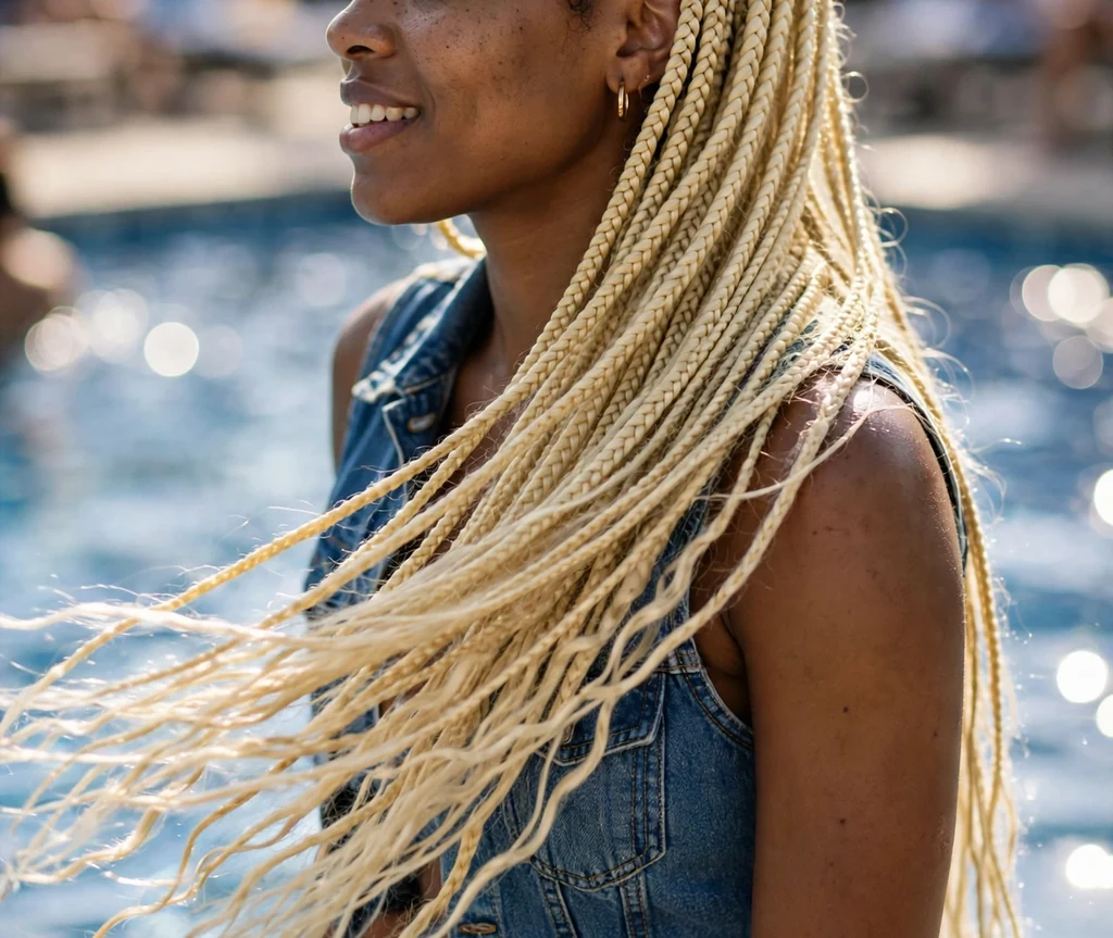 Lemonade braids swept to the side on a 23-year-old Black woman with long cornrow braids swept over one shoulder, wearing a denim shorts set, pool party