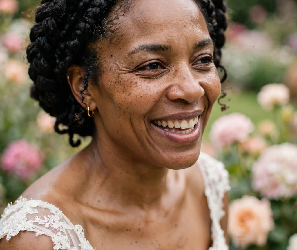 Halo braid updo on a 39-year-old Black woman with a thick braided halo encircling the head, wearing an ivory gown, wedding venue garden