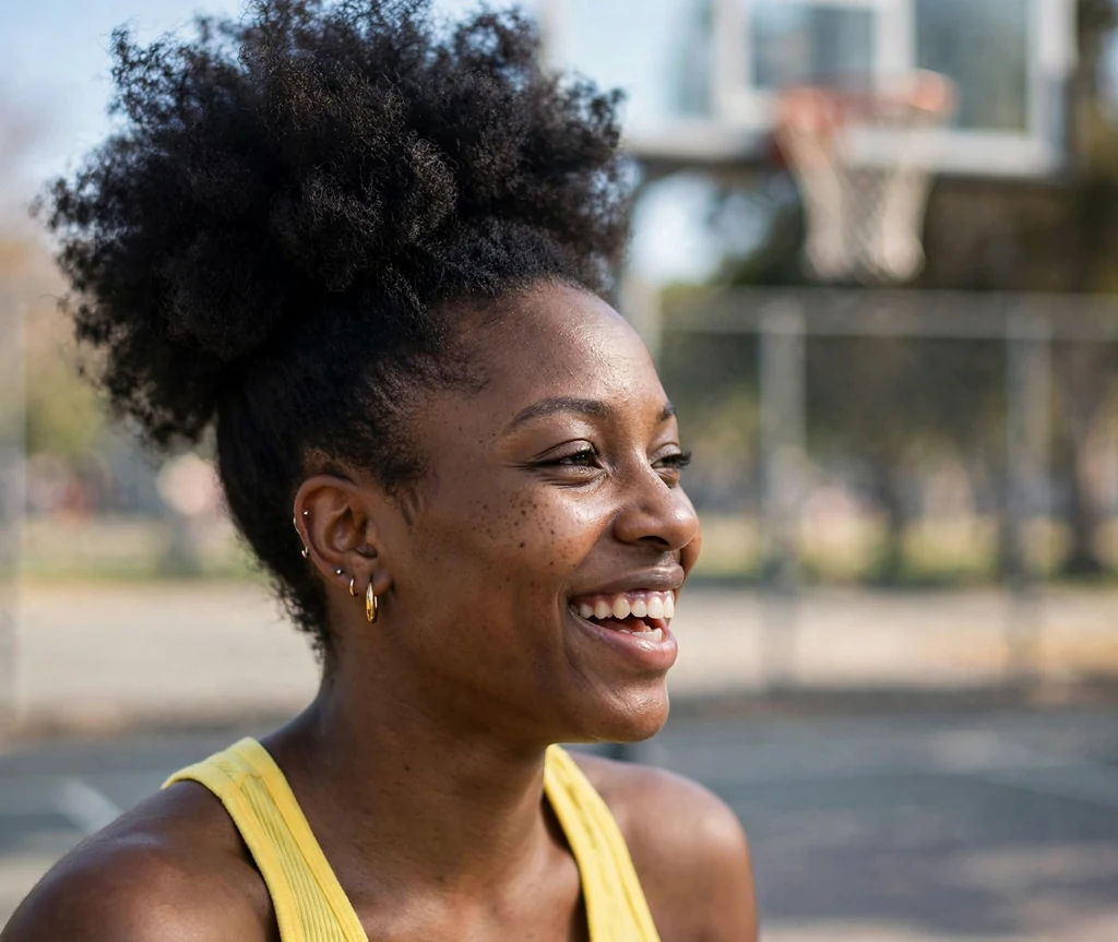 High puff with tapered sides on a 28-year-old Black woman with a big high puff and closely tapered sides, wearing a yellow top, outdoor basketball court