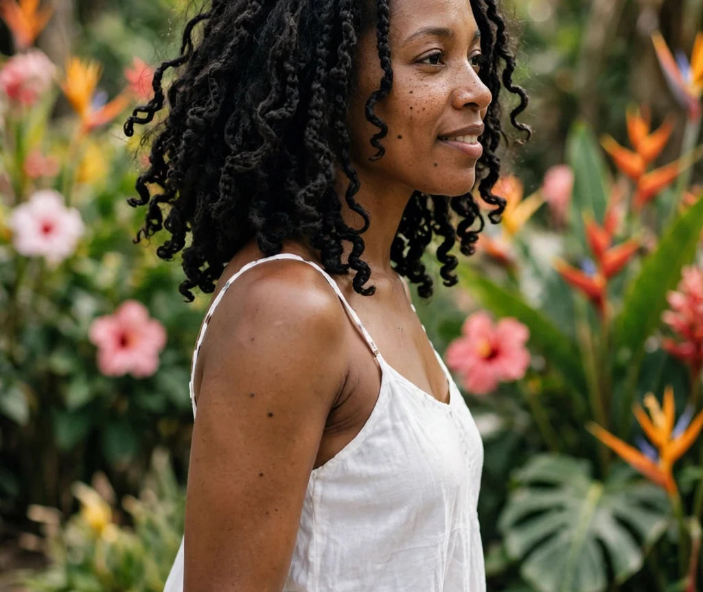 Crochet curls at shoulder length on a 34-year-old Black woman with bouncy crochet curls, wearing a white sundress, botanical garden