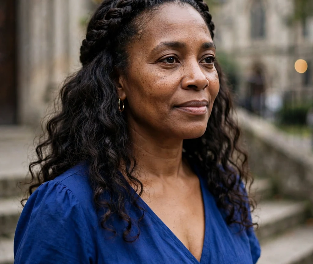 Braided crown with loose curls on a 41-year-old Black woman with a braided crown and flowing loose curls, wearing a blue dress, church steps