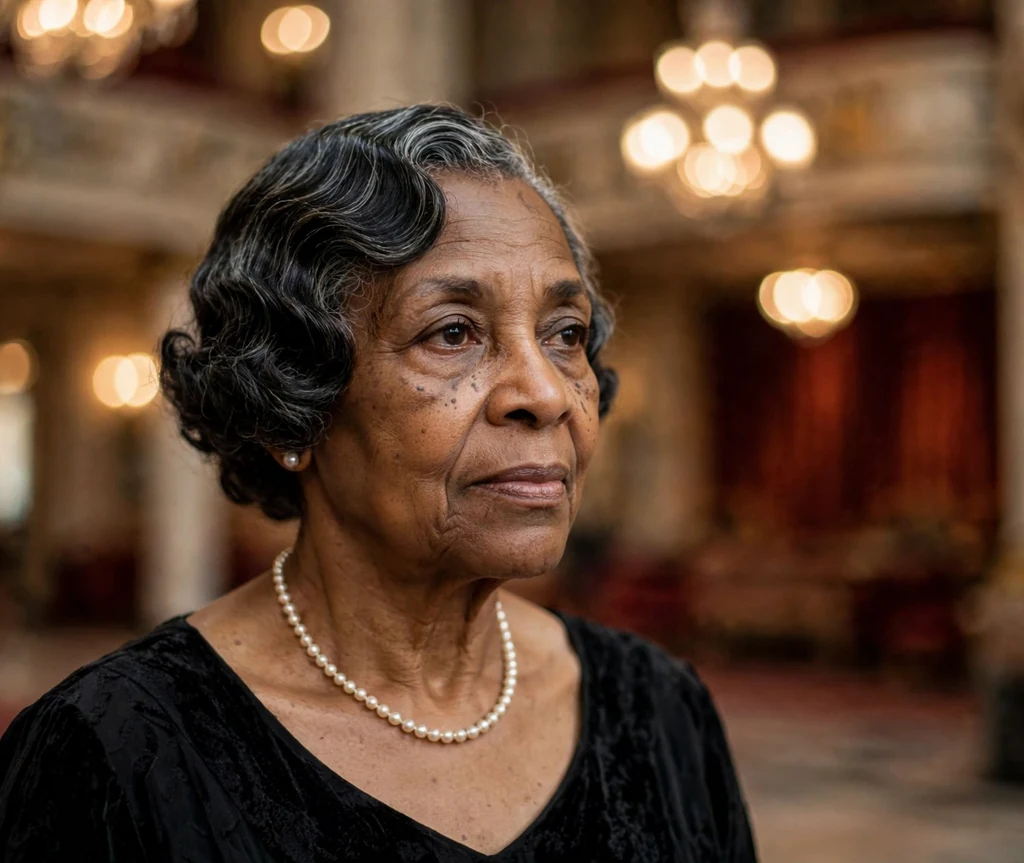 Short finger waves on a 58-year-old Black woman with sculpted vintage finger waves, pearl necklace, wearing a black dress, theater lobby