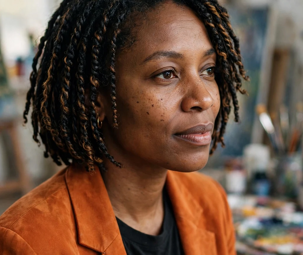 Twisted bob with highlights on a 37-year-old Black woman with chin-length twists with caramel highlights, wearing an orange blazer, art studio