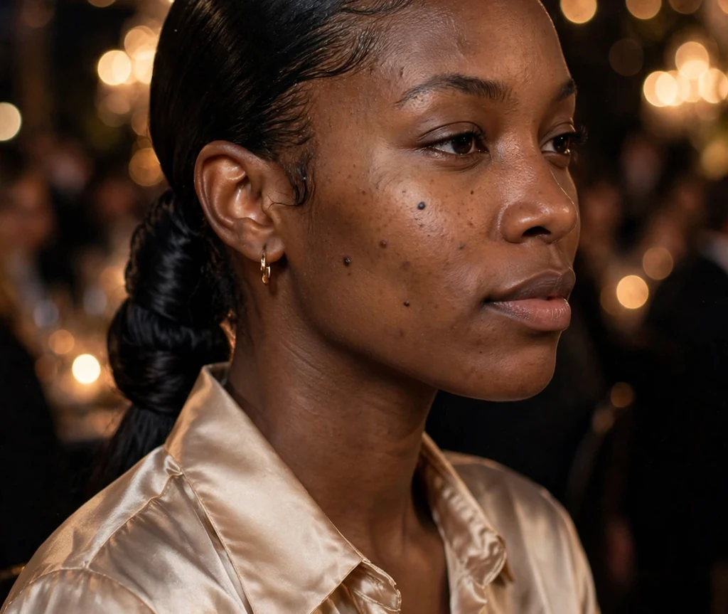 Low sleek ponytail with hair wrap on a 29-year-old Black woman with gelled low ponytail wrapped at the base, wearing a satin blouse, evening gala