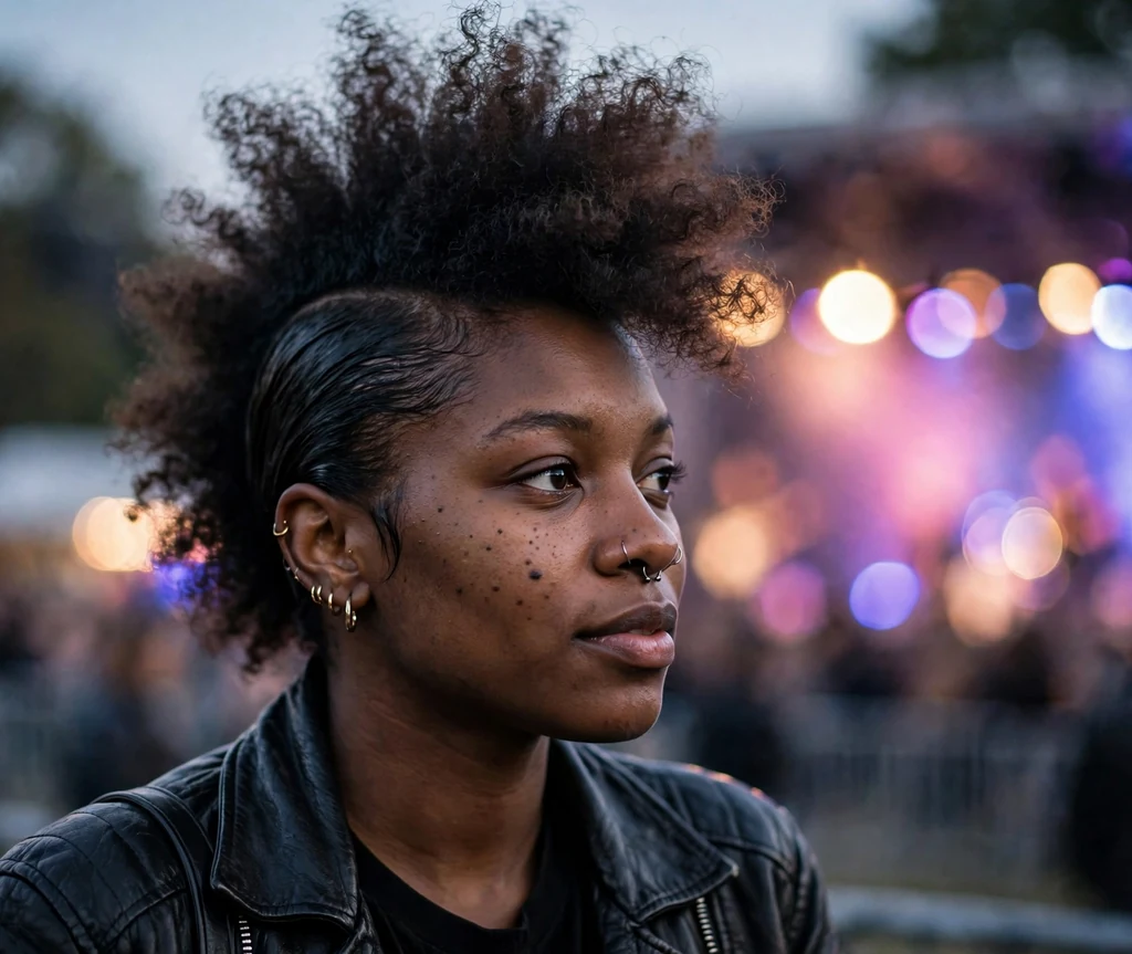 Frohawk updo on a 26-year-old Black woman with a mohawk-shaped fluffy updo, tapered sides, wearing a leather jacket, outdoor concert