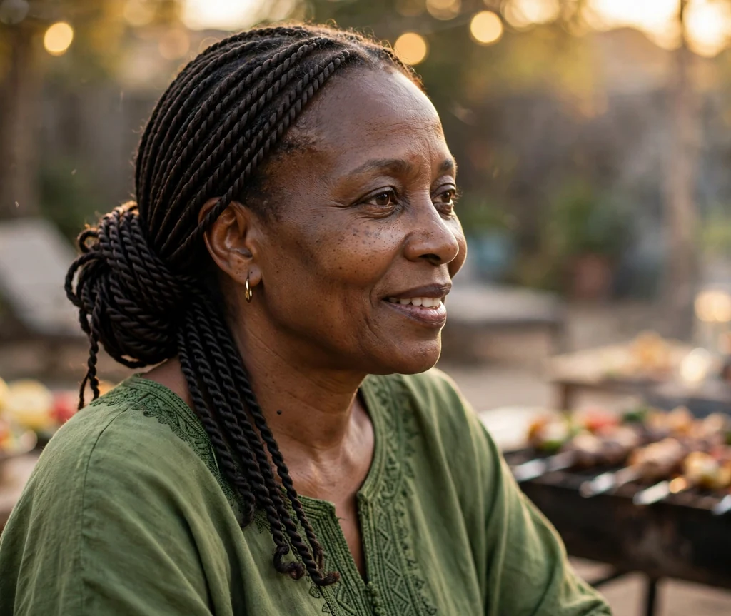 Senegalese twists in a side bun on a 45-year-old Black woman with long rope twists gathered into a low side bun, wearing a green kaftan, family barbecue
