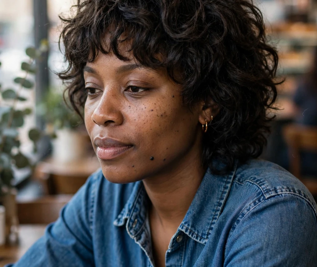 Curly shag with bangs on a 33-year-old Black woman with layered curly shag and curly bangs, wearing a denim shirt, coffee shop