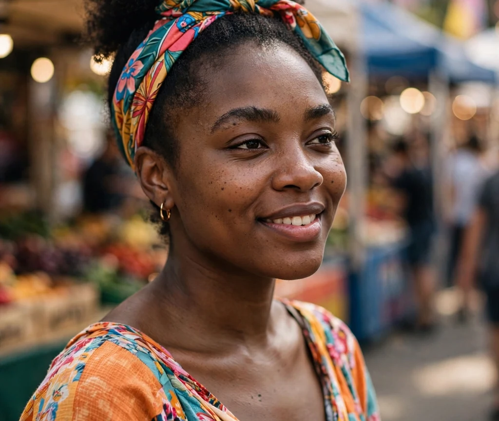 Pineapple puff with a silk scarf on a 24-year-old Black woman with a high puff wrapped with a colorful silk scarf, wearing a colorful wrap top, street fair