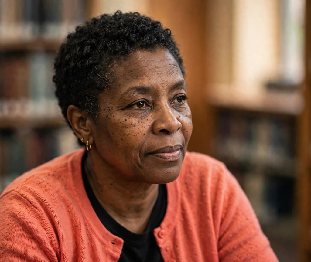 Short coily pixie cut on a 50-year-old Black woman with tight coily pixie cut, wearing a coral cardigan, library interior