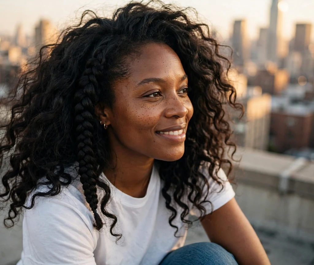Voluminous braid-out on a 27-year-old Black woman with big defined braid-out waves, wearing a white tee and jeans, city rooftop