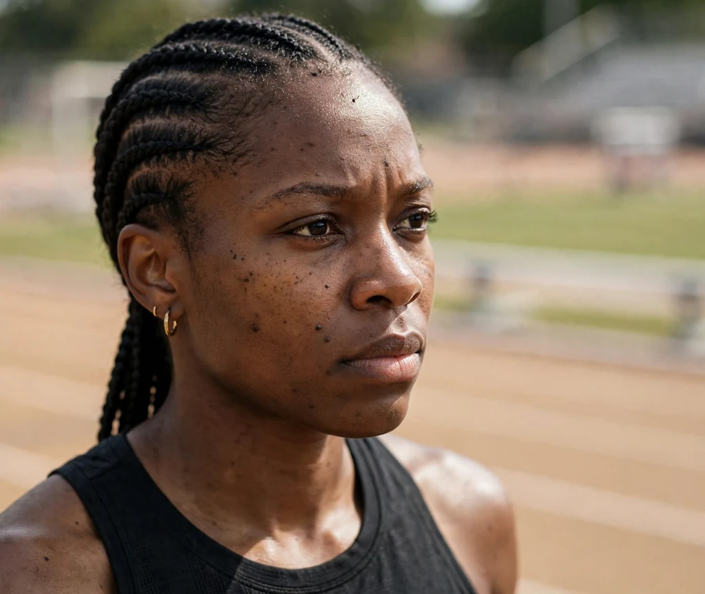 Feed-in cornrows straight back on a 31-year-old Black woman with sleek stitch feed-in cornrows going straight back, wearing athletic wear, running track
