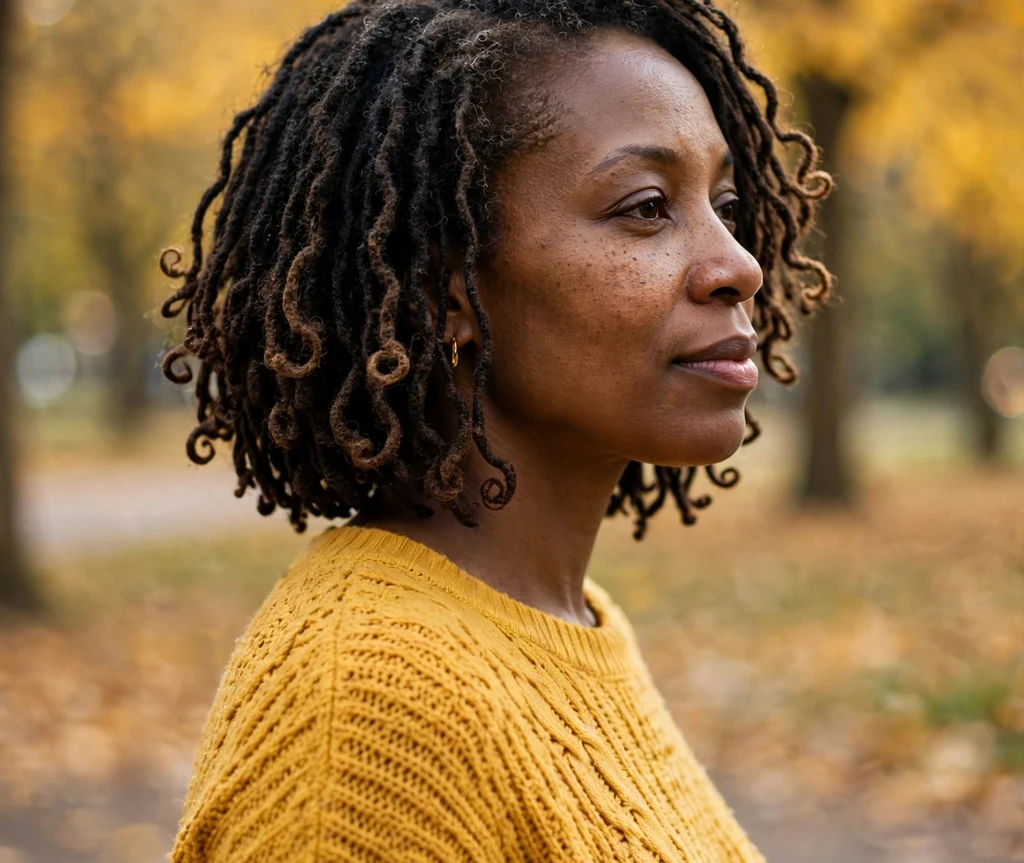 Butterfly locs bob on a 35-year-old Black woman with chin-length distressed butterfly locs, wearing a mustard sweater, autumn park
