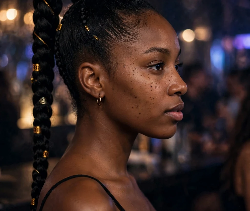 High braided ponytail with gold cuffs on a 25-year-old Black woman with a sleek high braided ponytail decorated with gold cuffs, wearing a black dress, nightclub