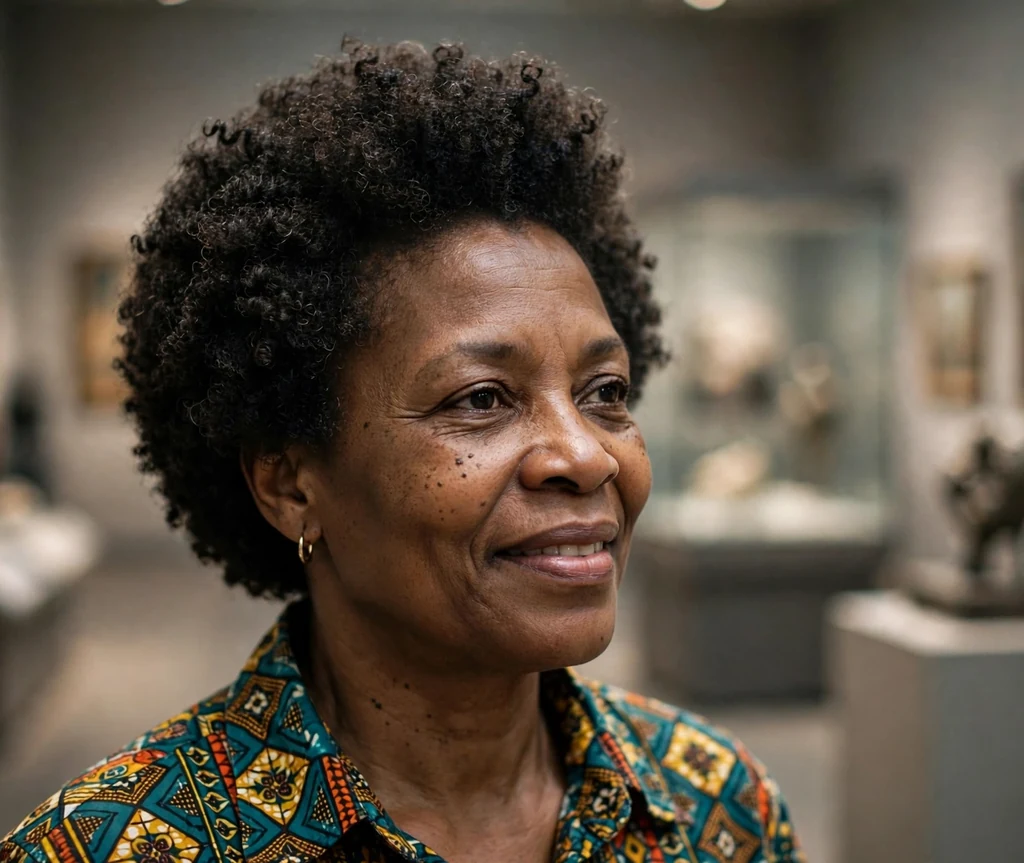 Tapered afro with defined curls on a 48-year-old Black woman with a rounded tapered afro, defined curls, wearing a patterned shirt, museum gallery