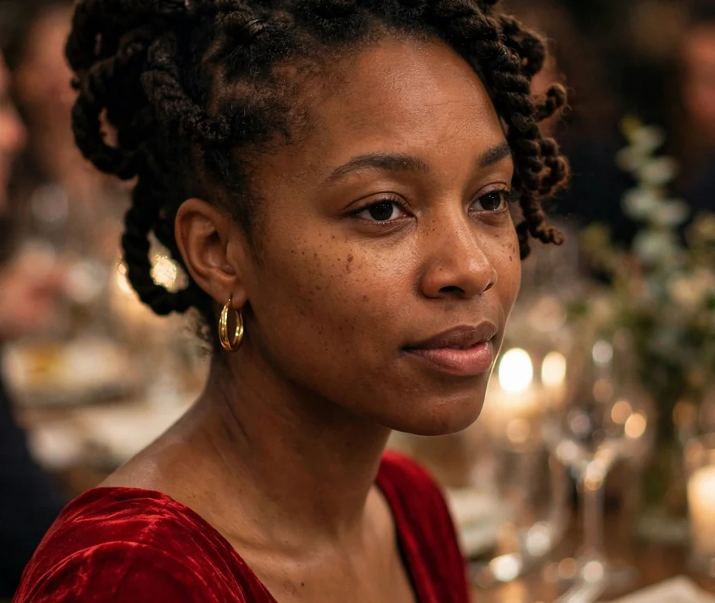 Chunky twist updo on a 29-year-old Black woman with thick two-strand twists pinned into an elegant updo, wearing a red dress, dinner party