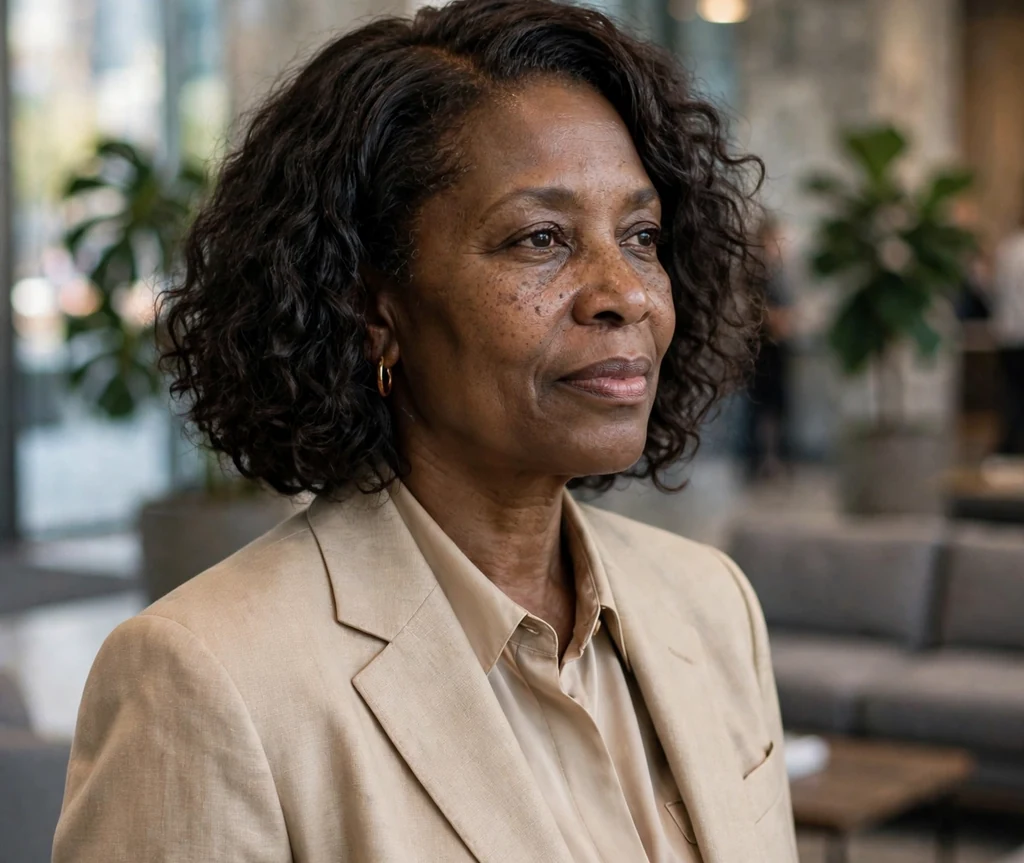 Side-part bob with curls on a 43-year-old Black woman with a chin-length curly bob and deep side part, wearing a beige suit, office lobby