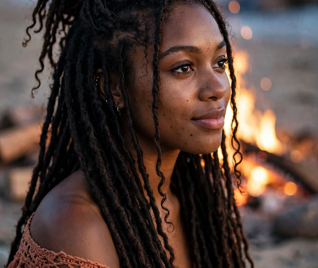 Long faux locs half-up on a 22-year-old Black woman with waist-length faux locs, top half pulled up, wearing a boho top, beach bonfire