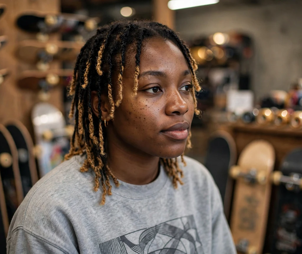 Mini twists with colored tips on a 26-year-old Black woman with tiny twists tipped with honey blonde ends, wearing a graphic sweatshirt, skate shop