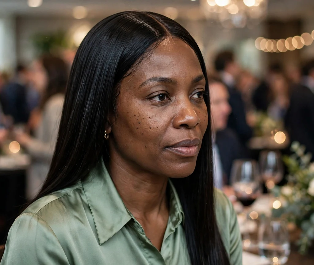 Sleek middle-part wig install on a 38-year-old Black woman with a straight middle-part lace wig, wearing a silk blouse, corporate event