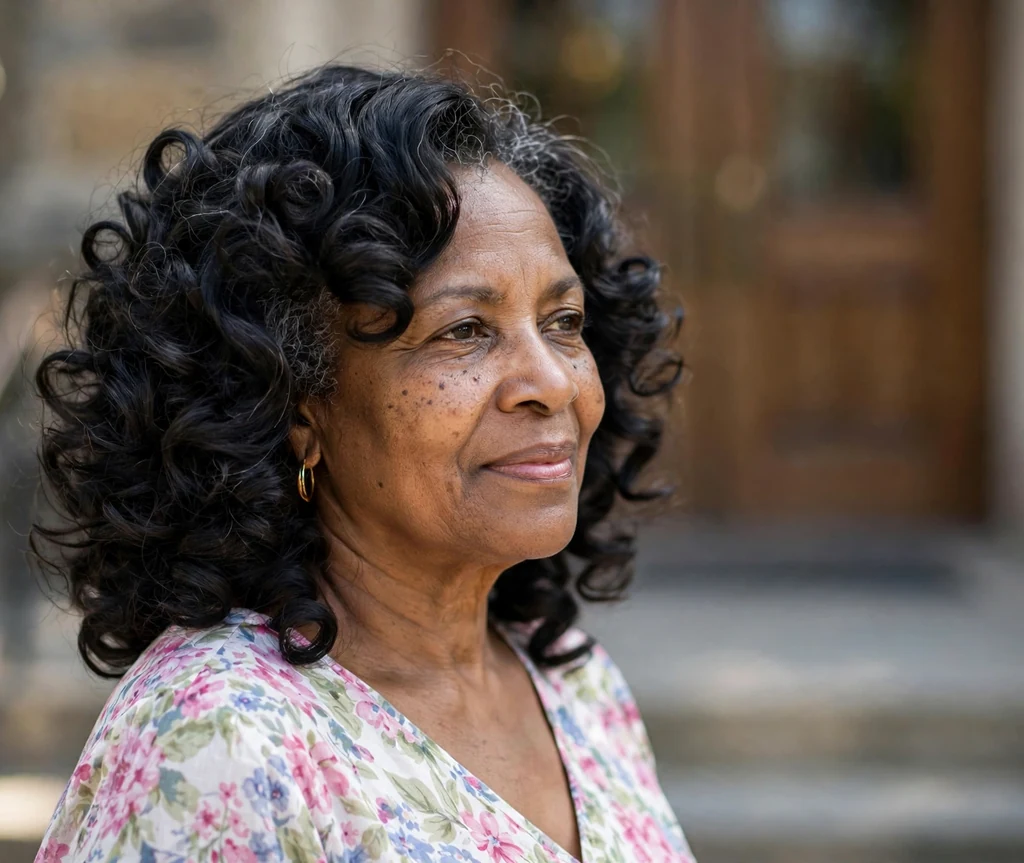Bouncy roller set curls on a 54-year-old Black woman with voluminous roller set curls, wearing a floral dress, church entrance