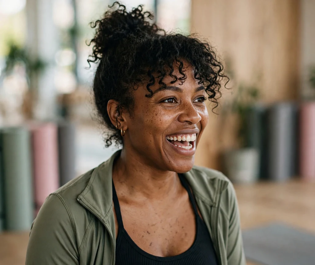 Top knot with bangs on a 30-year-old Black woman with a high top knot and curly bangs, wearing athleisure, yoga studio