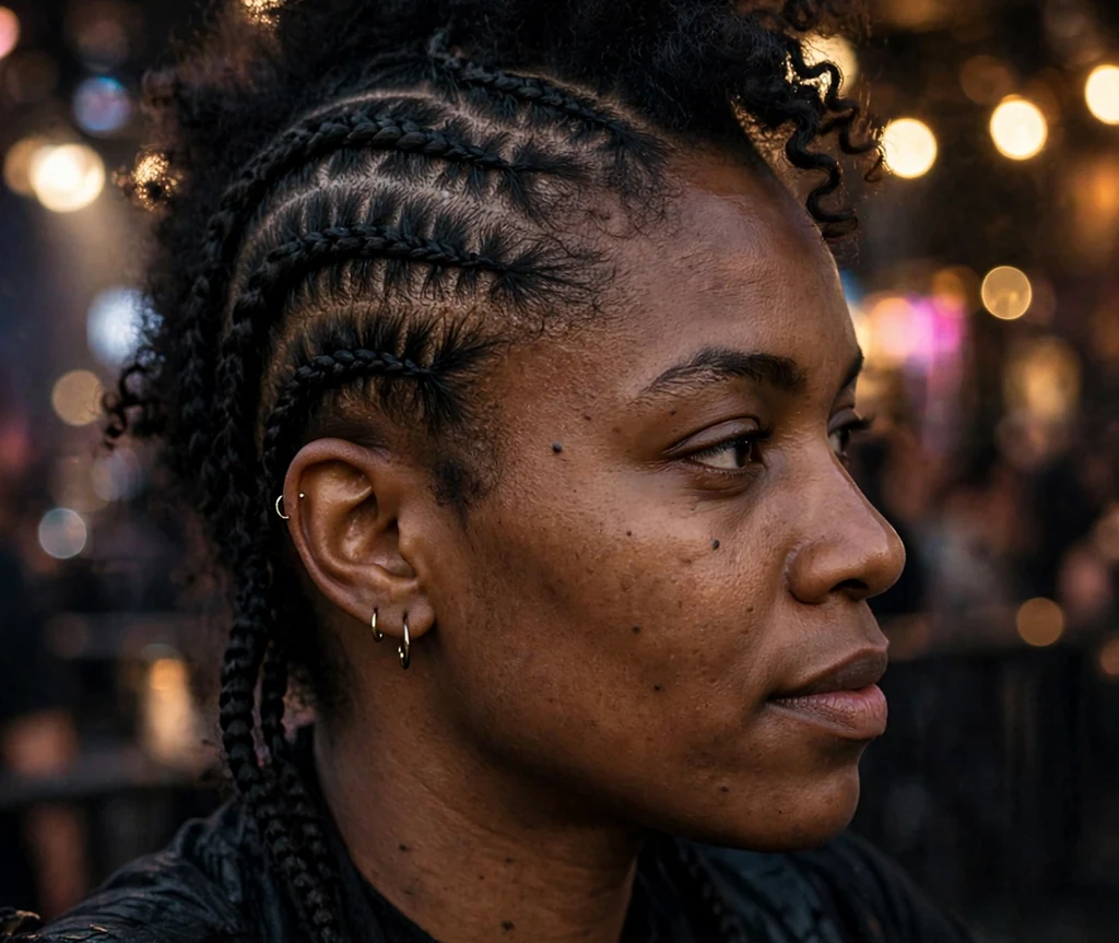 Cornrow mohawk braids on a 27-year-old Black woman with mohawk-pattern cornrows with curly center, wearing an edgy black top, music venue