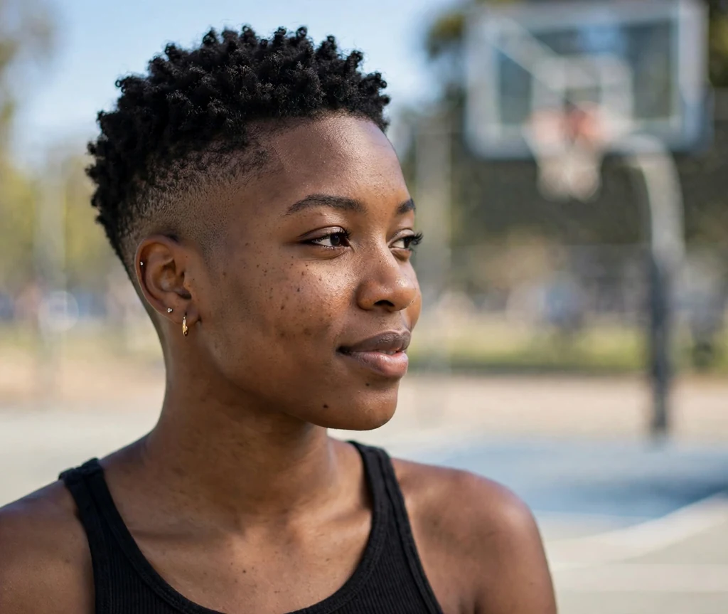Short curly taper fade on a 23-year-old Black woman with a crisp taper fade and short curls on top, wearing a tank top, outdoor basketball court