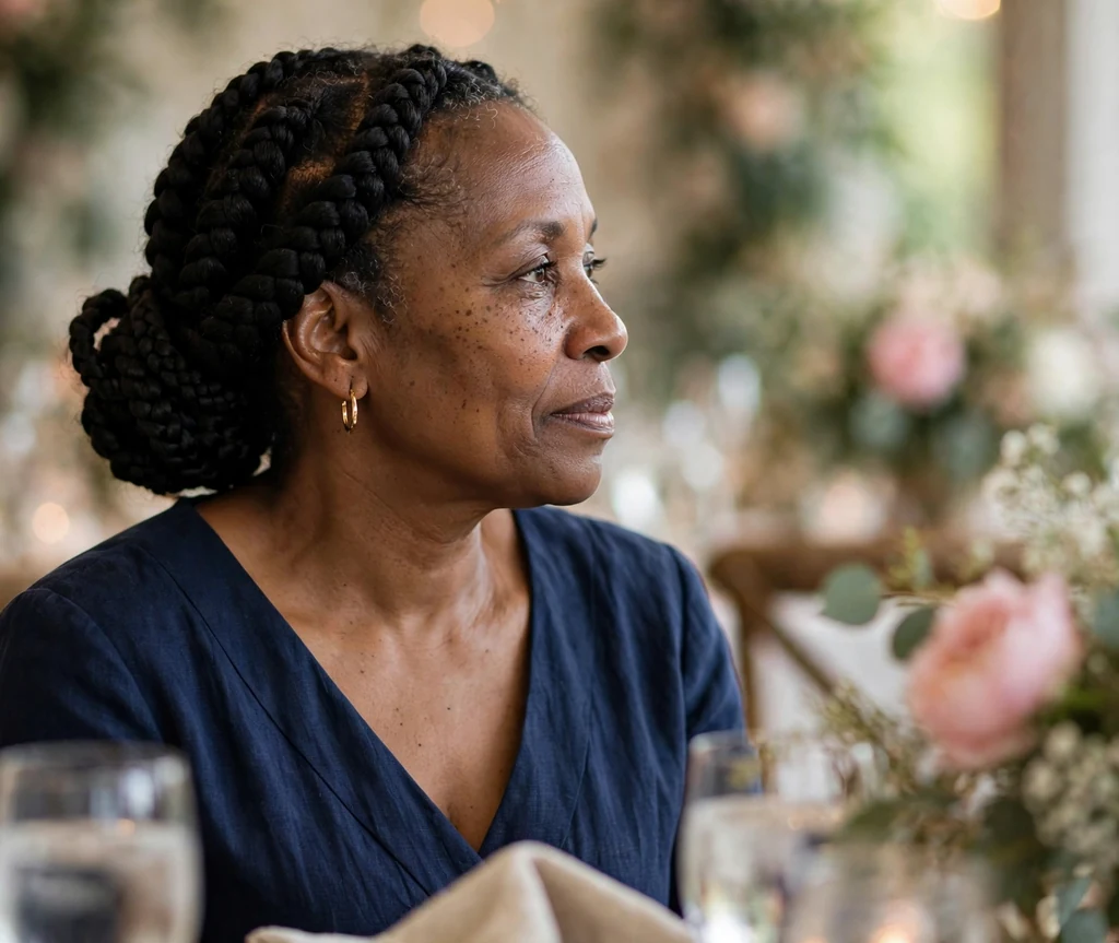 Goddess braids into a low bun on a 46-year-old Black woman with thick goddess braids gathered into a low bun, wearing a navy dress, wedding guest table