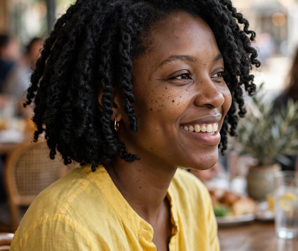 Fluffy kinky twist bob on a 28-year-old Black woman with a chin-length fluffy kinky twist bob, wearing a yellow blouse, weekend brunch