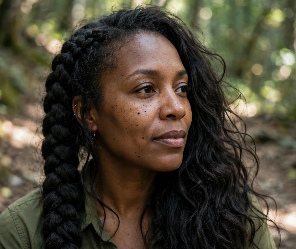 Side braid with loose waves on a 37-year-old Black woman with a chunky side braid and flowing loose waves, wearing a green top, hiking trail