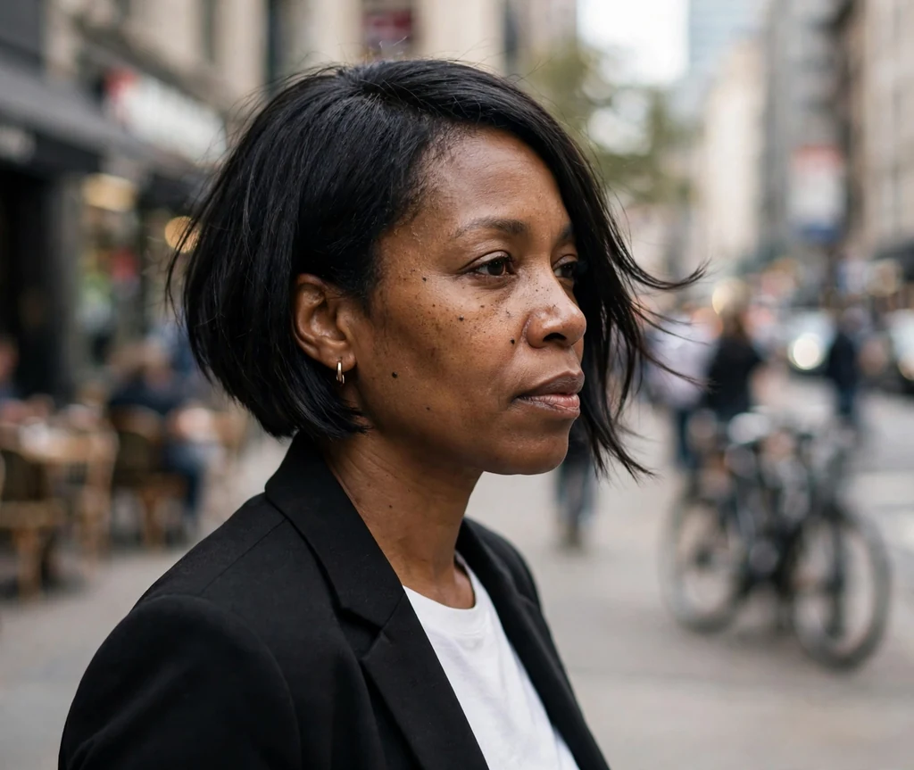 Short asymmetrical bob on a 41-year-old Black woman with a sleek asymmetrical bob, longer on one side, wearing a black blazer, city street
