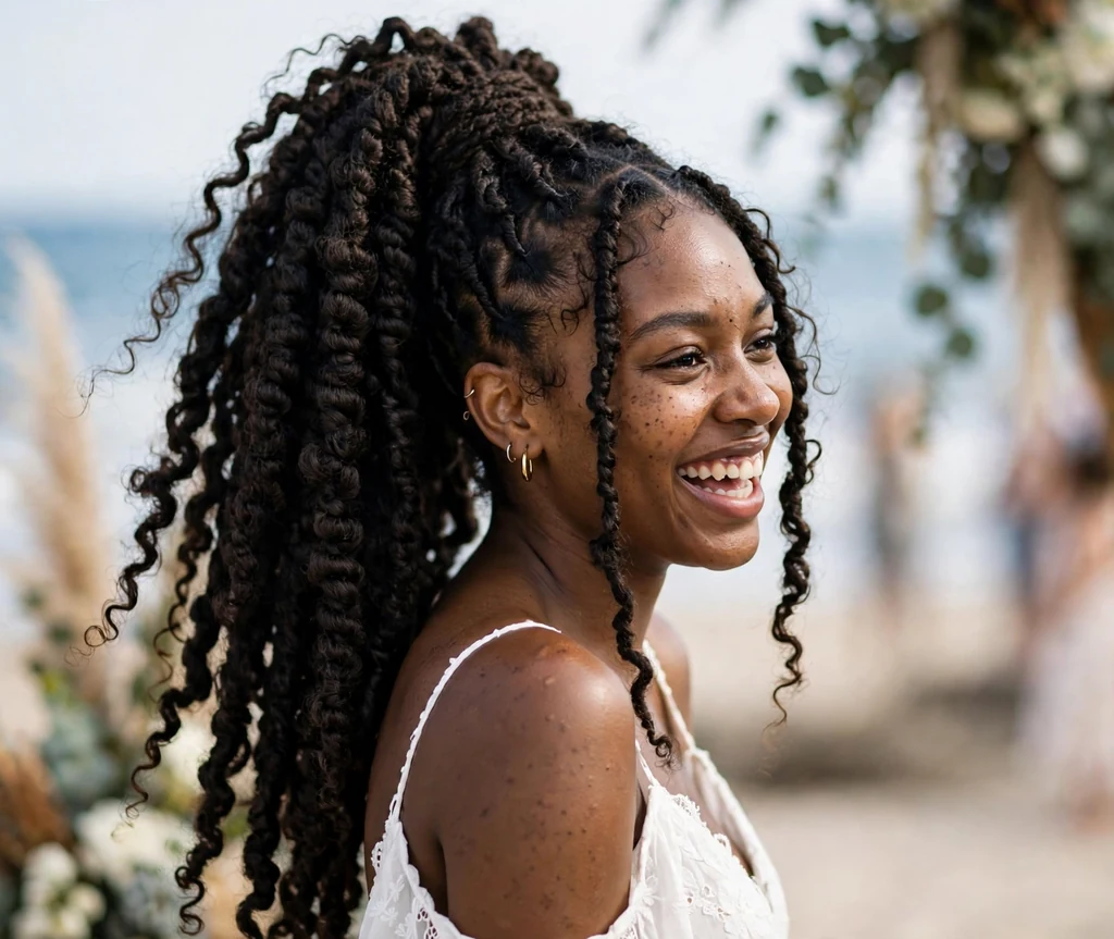 Long passion twists in a ponytail on a 25-year-old Black woman with long passion twists pulled into a high ponytail, wearing a white dress, beach wedding