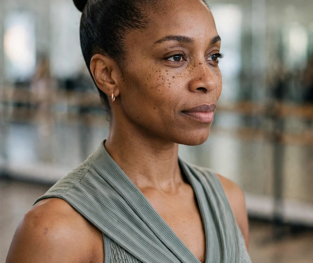 Sleek ballerina bun on a 36-year-old Black woman with a perfectly smooth high ballerina bun, wearing a dance-inspired top, dance studio