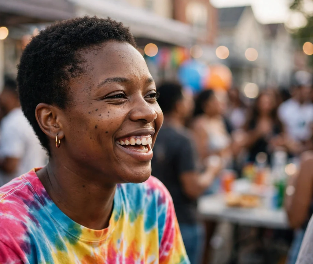 Big chop celebration TWA on a 24-year-old Black woman with a fresh short natural TWA, wearing a bright tee, neighborhood block party