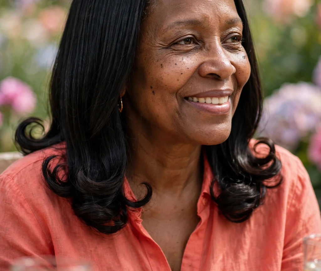 Summer silk press with curls on a 49-year-old Black woman with a silky straight press with curled ends, wearing a coral blouse, garden brunch