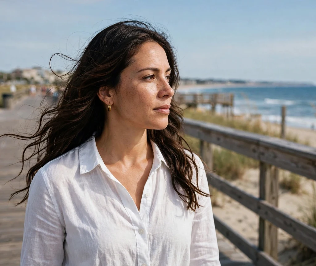 Woman with classic beach waves on a boardwalk