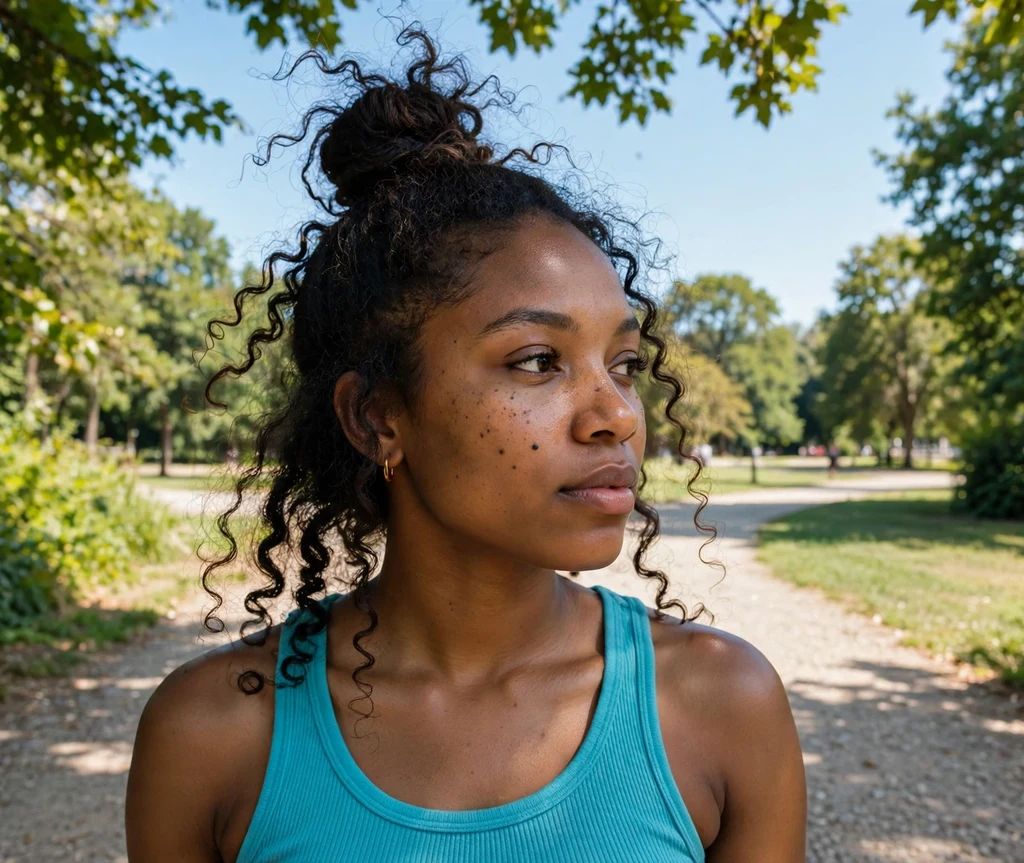 Woman with a high top knot bun in a park