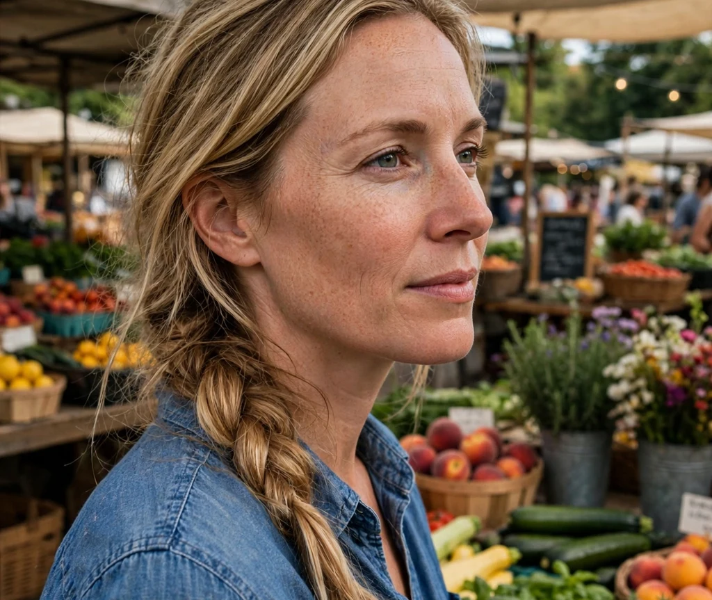 Woman with a loose side braid at a farmers market