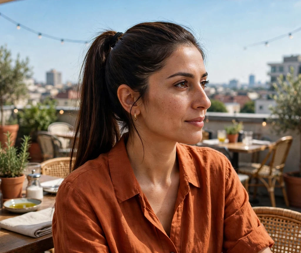 Woman with a sleek high ponytail at a rooftop cafe